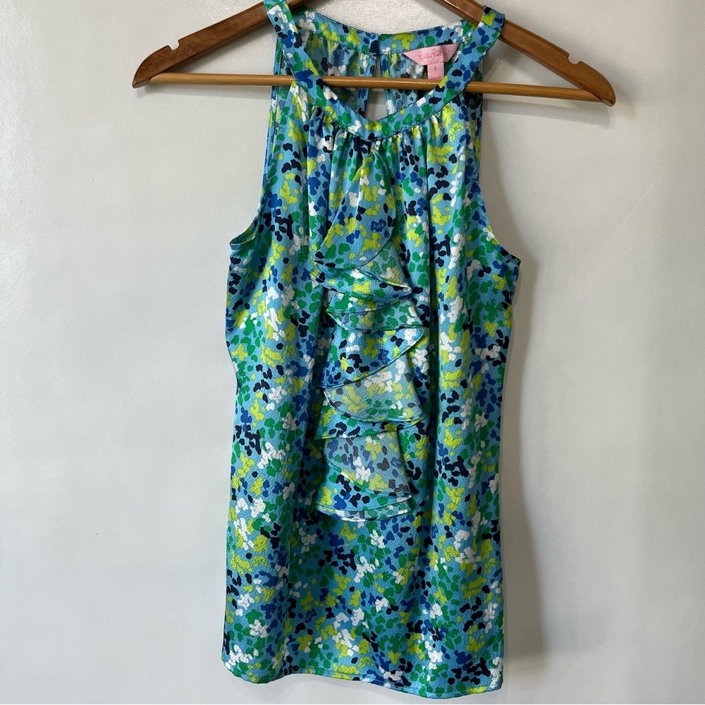 Lilly Pulitzer Silk Blue Green Ruffle Front Sleeveless Top